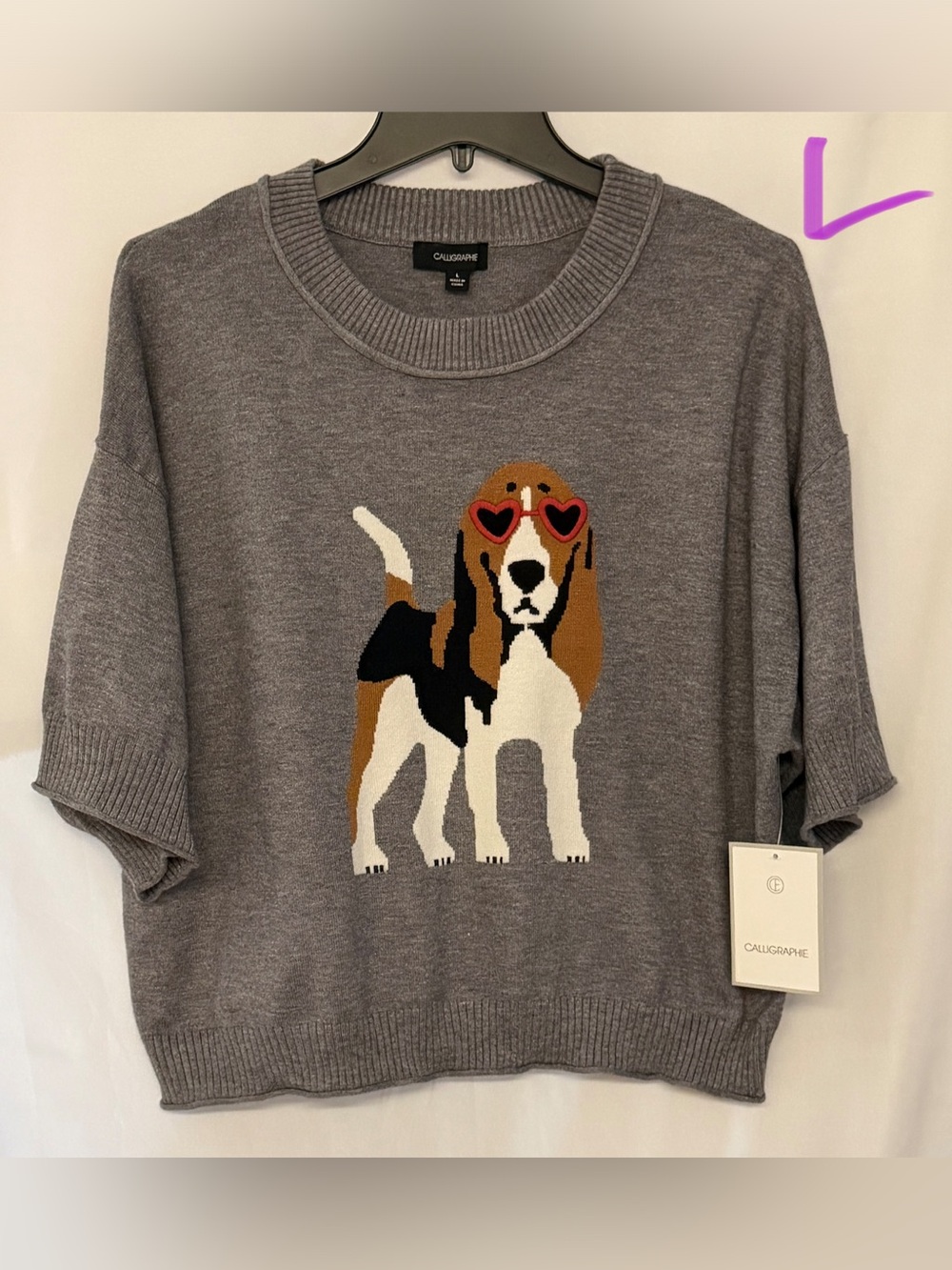 Calligraphie Gray Dog-Graphic Short Sleeve Knit Sweater